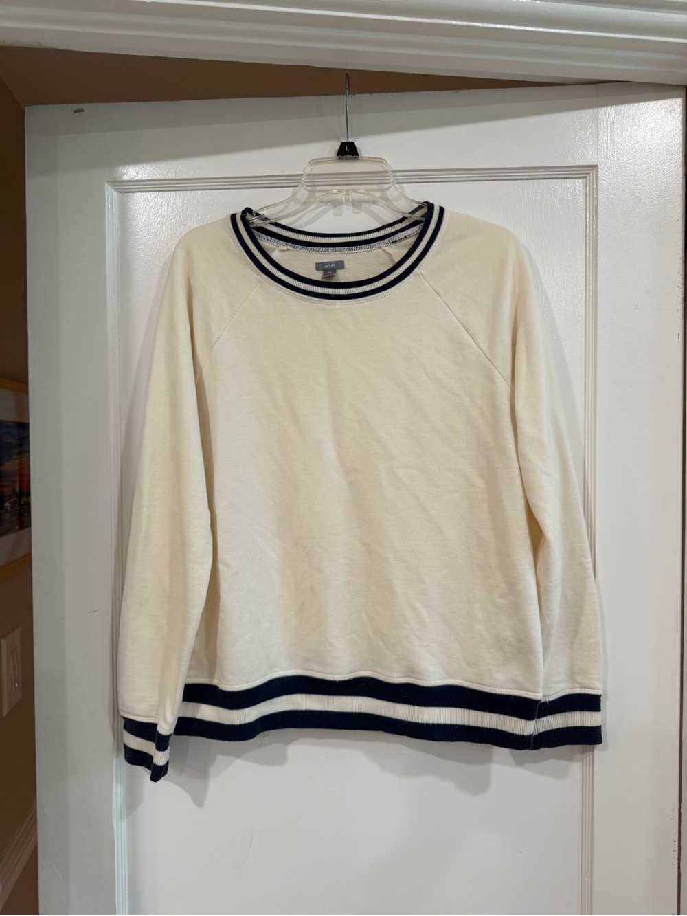 aerie Cream Crewneck Sweater with Navy Stripe Trim